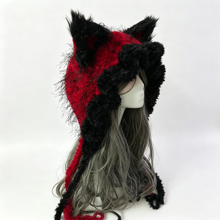 Custom Hand‑Crocheted Black Red Fox Ear Hood Women Soft Knitted Long Ties Beanie Gothic Unisex Dark Fairy Winter Warm Accessory