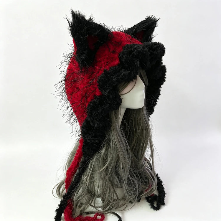 Custom Hand‑Crocheted Black Red Fox Ear Hood Women Soft Knitted Long Ties Beanie Gothic Unisex Dark Fairy Winter Warm Accessory