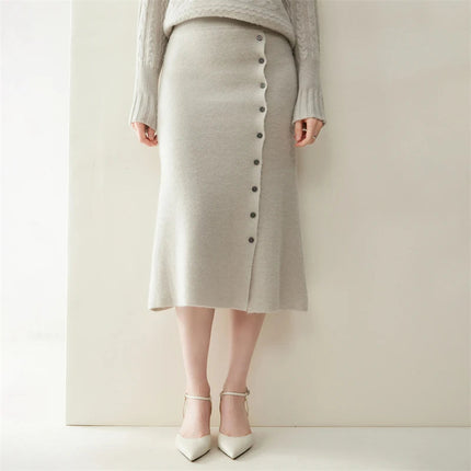 Women 100% Cashmere Skirts Office Lady Autumn Winter Knitted High Waist A-Skirt Graceful Long Warm front-open skirt with buttons PlatiNum
