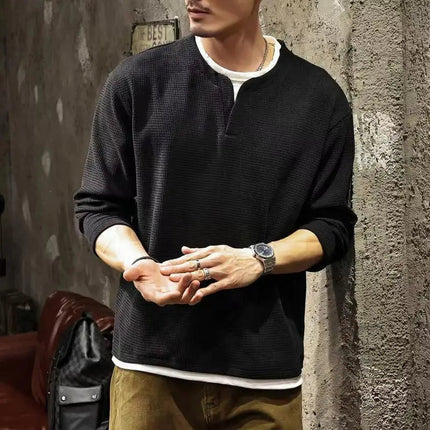 Spring and Autumn New Men Henley neck T Shirt Long Sleeve Casual  Solid color T-Shirt Fashion Waffle Fake two-piece Sweatshirts PlatiNum