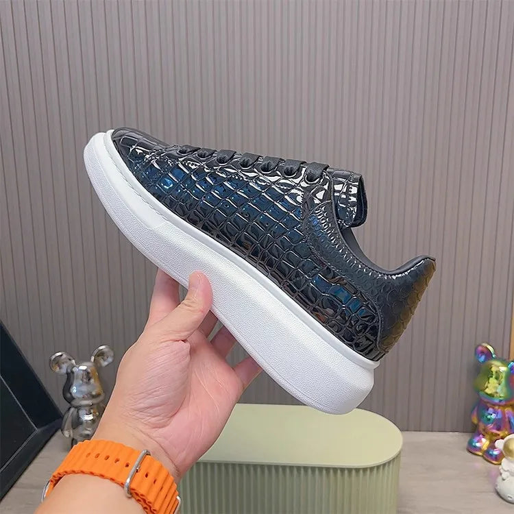 Black Platform Sneakers Men's Cow Leather Round Toe Unisex Low-Top Stone Pattern Lace-up Casual Shoes Retro Flat Shoes Handmade
