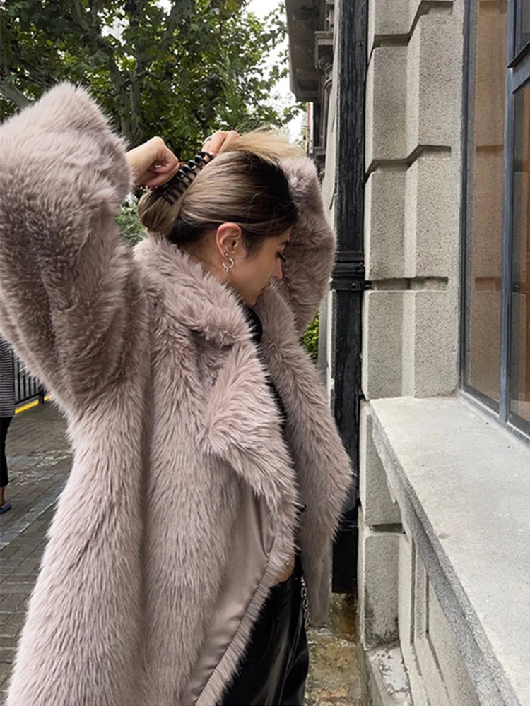 ZADORIN Korean Style Winter Warm Coat Women Mid Length Lapel Loose Faux Fox Fur Coat Luxury Overcoat Fluffy Fur Jacket Tops