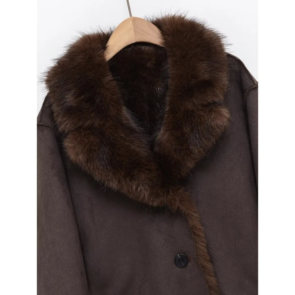 New in Reversible Double-faced Faux Fur Jacket for Women Stylish Lapel Collar Crossover Button-up Outwears Winter Brown Overcoat