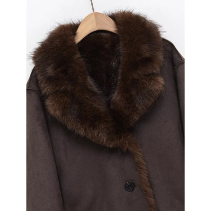New in Reversible Double-faced Faux Fur Jacket for Women Stylish Lapel Collar Crossover Button-up Outwears Winter Brown Overcoat