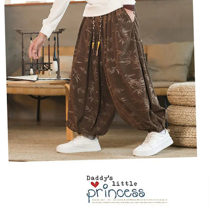 Pantaloni di alta qualità per uomo stile cinese fiore scuro velluto a coste Bloomers casual elastico in vita moda pantaloni larghi a gamba larga maschile