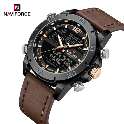 NAVIFORCE Orologio alla moda da uomo con cinturino in vera pelle Movimento al quarzo resistente all'acqua 30M Display luminoso con giorno e data F platinumshop