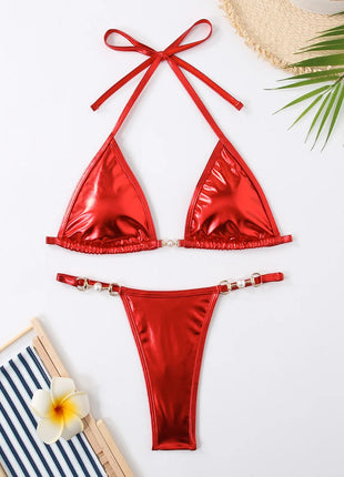 Micro Bikini Rosa Lucido da Donna, Sexy con Perle in PU, Push-Up, Perizoma, Costume da Bagno Estivo, con Lacci, per Vacanze PlatiNum