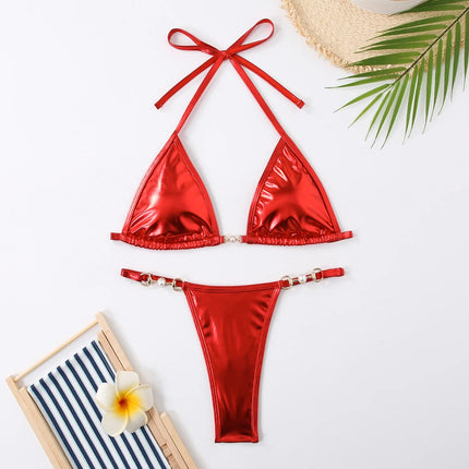 Micro Bikini Rosa Lucido da Donna, Sexy con Perle in PU, Push-Up, Perizoma, Costume da Bagno Estivo, con Lacci, per Vacanze PlatiNum