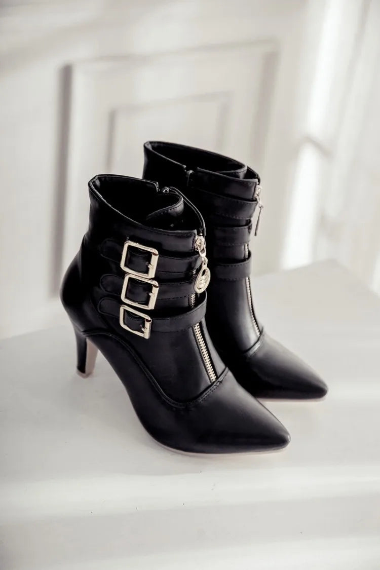 Women Shoes  Boots Spring High Heels Ankle Boots Pointed Toe Buckle  Boots Zip Ladies Shoes White Big Size 2023