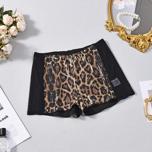 Sequined Beaded Shorts Fashion New Leopard Print Elastic Hot Pants Mesh Splicing Shorts Women