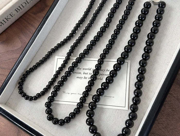 Collana con perline in vetro nero da 6, 8, 10 mm Minar Simple per donna, girocollo con chiusura a T placcata argento, pendenti PlatiNum