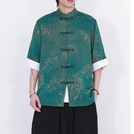Camicie da uomo estive di lusso in jacquard con foglie di bambù, camicia a maniche corte da uomo in stile cinese tradizionale, camicia casual da uomo per Kung Fu e Tai Chi