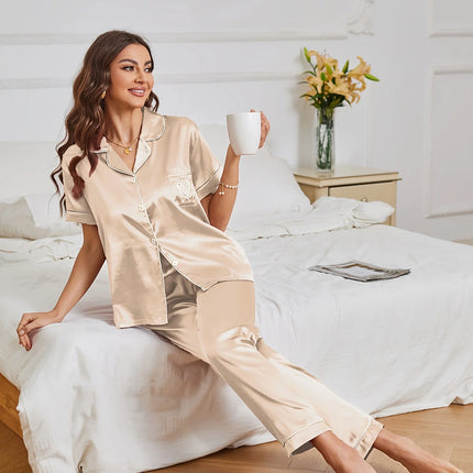 Pigiama in raso con ricamo a cuore, casual, manica corta, bottoni, colletto con risvolto, top e pantaloni, indumenti da notte da donna