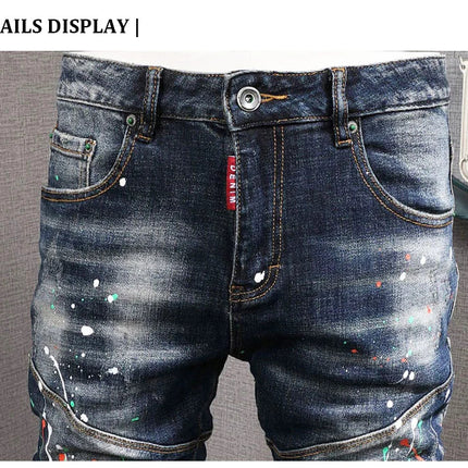 Fashion Streetwear Men Jeans Retro Black Blue Elastic Slim Fit Ripped Jeans Men Spliced Designer Embroidery Hip Hop Denim Pants PlatiNum