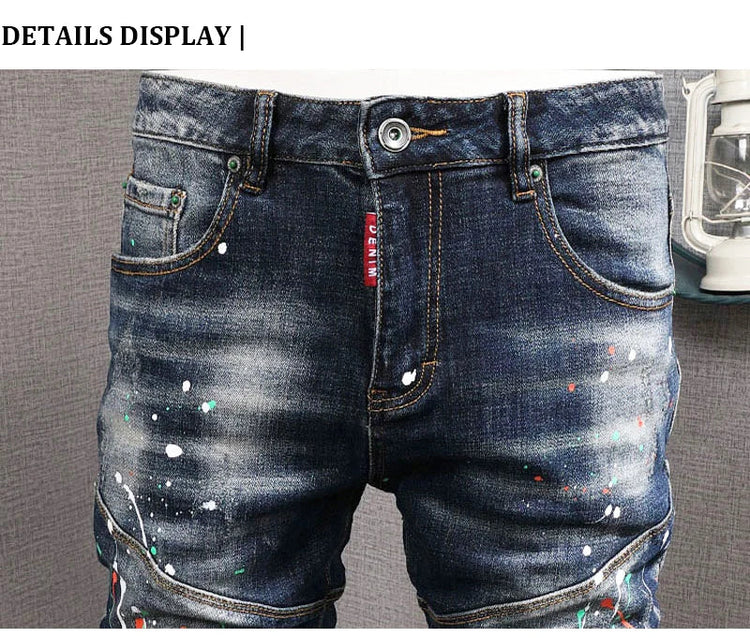 Fashion Streetwear Men Jeans Retro Black Blue Elastic Slim Fit Ripped Jeans Men Spliced Designer Embroidery Hip Hop Denim Pants PlatiNum