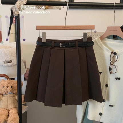 MEXZT Streetwear Woolen Mini Skirt Women Fashion Harajuku with Belt Black Pleated Skirts Fall Winter Preppy Korean A Line Faldas PlatiNum