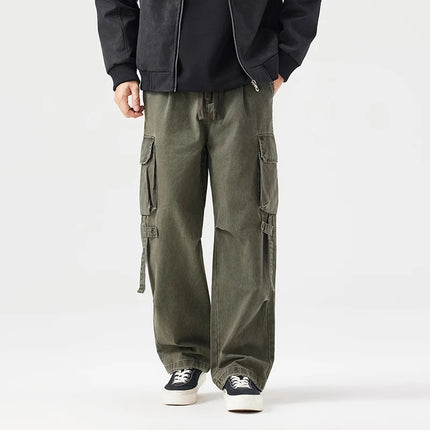 Autumn New Cargo Loose Multi-pockets 100% Cotton Straight Pants for Men Clothing Comfort Zipper Male Trouser GF258113