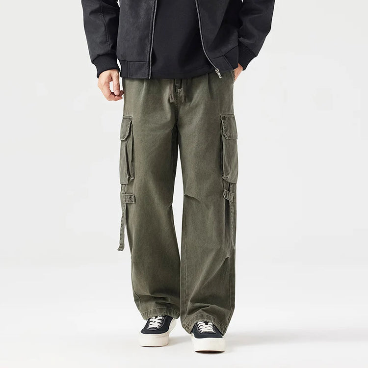 Autumn New Cargo Loose Multi-pockets 100% Cotton Straight Pants for Men Clothing Comfort Zipper Male Trouser GF258113