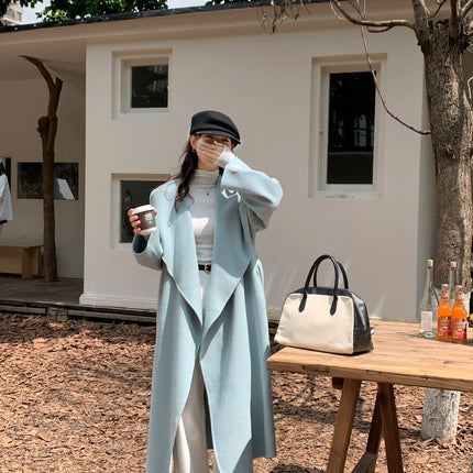 High-end Women Double-sided Wool Long Coat Warm Baby Blue Lapel Loose Double Breasted Wool Coat Female Fashion Autumn Winter