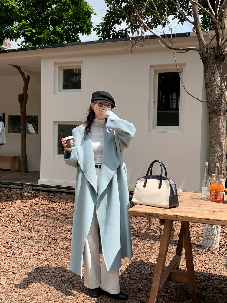 High-end Women Double-sided Wool Long Coat Warm Baby Blue Lapel Loose Double Breasted Wool Coat Female Fashion Autumn Winter