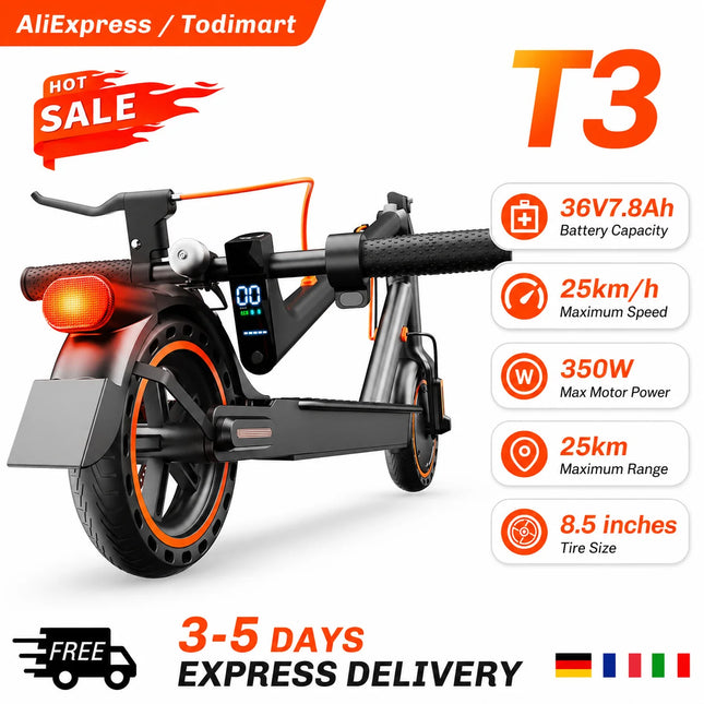 Monopattino elettrico per adulti TODIMART K3 Batteria 36V 7.8Ah Motore 350W Autonomia 25-35km Carico massimo 70kg Monopattino elettrico pieghevole per adulti Pneumatici a nido d'ape resistenti alle forature Telaio ultralegger