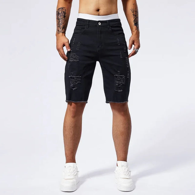 Pantalones cortos de mezclilla rasgados para hombre, nuevos de verano 2025, a la moda vintage, con agujeros, estilo urbano, pantalones cortos ajustados hasta la rodilla, elásticos, marca de moda masculina