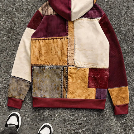 Mens Multi Color Patchwork Hoodie Soft Lined Raised Embroidery Slogan Small Cross Accent Minimal Casual Sweat Top