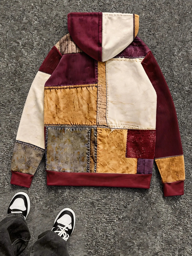 Mens Multi Color Patchwork Hoodie Soft Lined Raised Embroidery Slogan Small Cross Accent Minimal Casual Sweat Top
