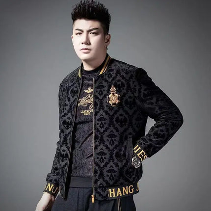 Men's Jacquard Bomber Jacket Warm Zip Up Casual Autumn Winter Coat