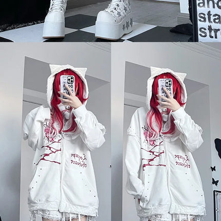 Original Print Subculture Dark Loose Cat Ear Distressed Hooded Sweatshirt Jacket Zip Up Hoodie Oversized Hoodie