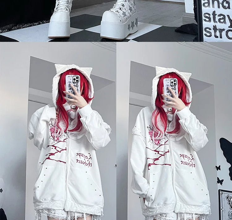 Original Print Subculture Dark Loose Cat Ear Distressed Hooded Sweatshirt Jacket Zip Up Hoodie Oversized Hoodie