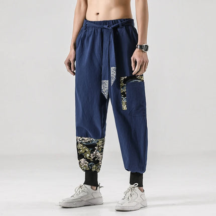 Pantaloni da uomo Costume da samurai giapponese Ukiyo-e Cintura con stampa Pantaloni stile harem da uomo in cotone e lino Pantaloni casual Harajuku da uomo Taglie forti 5XL
