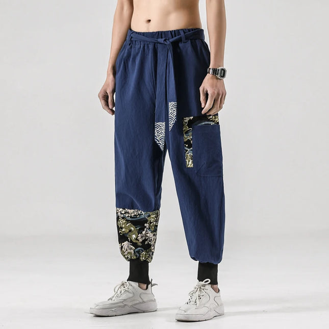 Pantaloni da uomo Costume da samurai giapponese Ukiyo-e Cintura con stampa Pantaloni stile harem da uomo in cotone e lino Pantaloni casual Harajuku da uomo Taglie forti 5XL