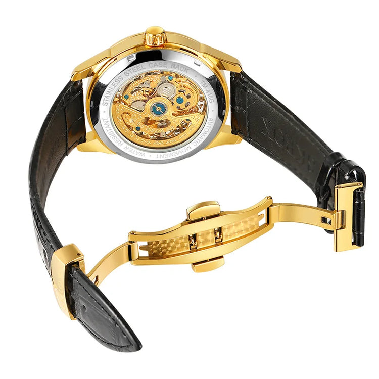 SKROX Original Gold Skeleton Automatic Movement Men's Watch Mechanical Waterproof Male Wrist Watches Leather Strap Luxury Clock