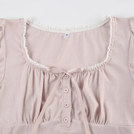 Sweet Button Up Women's Summer Top Cute Slim Fit Contrast Lace Stitching Bow Square Collar T-Shirt Y2K Korean Tees