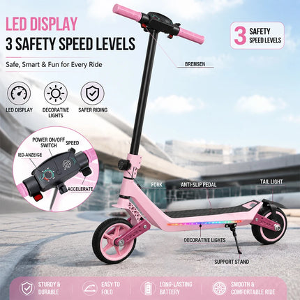 Monopattino elettrico per bambini, doppia sospensione, luci arcobaleno colorate e schermo LED, autonomia di 12 km, un regalo ideale per ragazzi e ragazze dai 6 anni in su.