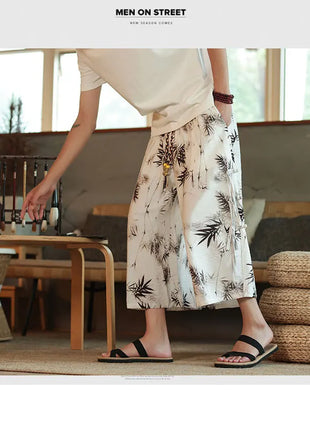 2024 pantaloni Casual da uomo con motivo a foglia di bambù in stile cinese tendenza moda pantaloni a