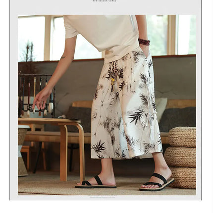 2024 pantaloni Casual da uomo con motivo a foglia di bambù in stile cinese tendenza moda pantaloni a gamba larga High Street pantaloni larghi oversize Hombre