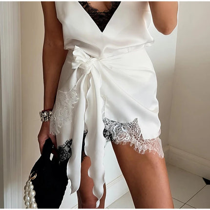 T-Shirt Dress with Lace and Asymmetrical Hem, Short Sleeves, Crew Neck, Casual and Comfortable Mini Dress, Summer Fashion 2026 Streetwear