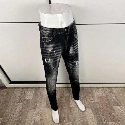 Street Designer Fashion Men Jeans High Quality Retro Black Gray Stretch Slim Fit Ripped Jeans Men Brand Vintage Y2K Denim Pants PlatiNum