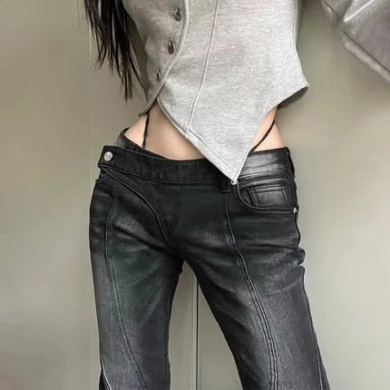 Karrram Vintage Distressed Low Waist Jeans Grunge Asymmetrical Waist Denim Pant Korean Fashion Black Flare Jeans Kpop Streetwear