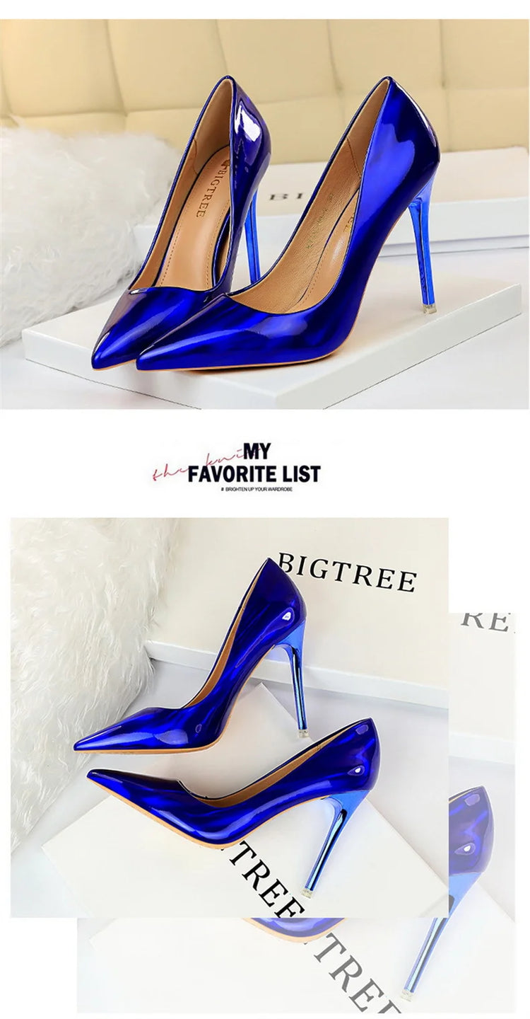 Tacchi alti da donna Blu Verde Décolleté di San Valentino Lusso lucido Stiletto Matrimonio Nuziale Discoteca Moda Semplice Colore solido 1829-2
