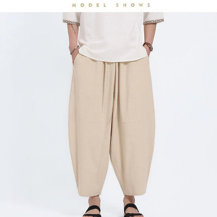 Pantaloni Harem in Cotone e Lino da Uomo, Casual, Traspiranti, Comodi, Estivi, Lunghezza al Polpaccio, Taglie Forti fino a 5XL