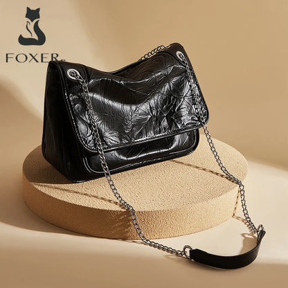 FOXER Women Genuine Leather + PU Shoulder Handbag Classic Fashion Black Tote Chain Bag