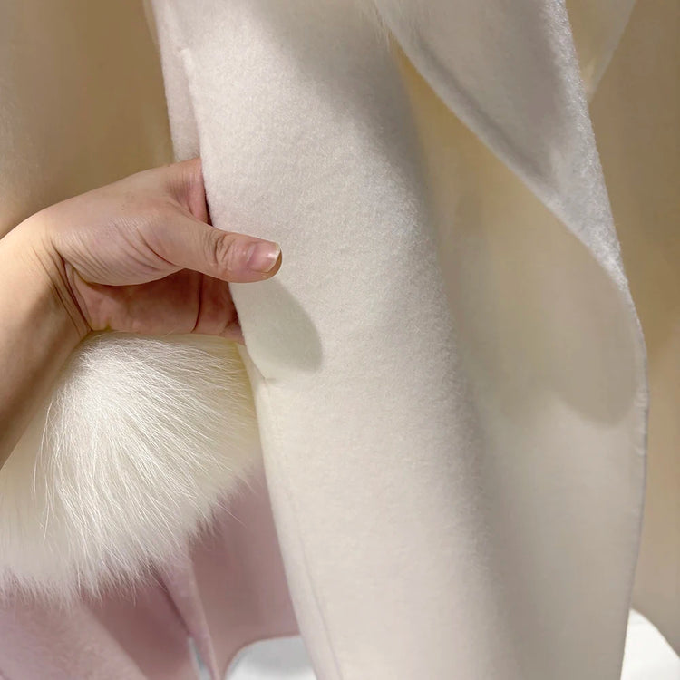 YOLOAgain Women's 100% Wool Coat Long With Detachable Real Fox Fur Collar 2025 Autumn Elegant Double-Sided Wool Coat