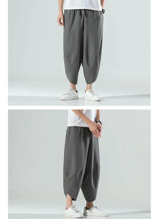 Pantaloncini Estivi da Uomo Stile Cinese Harajuku, Pantaloni Harem Oversize, Pantaloni Vintage Traspiranti a Tinta Unita, Lunghezza al Polpaccio