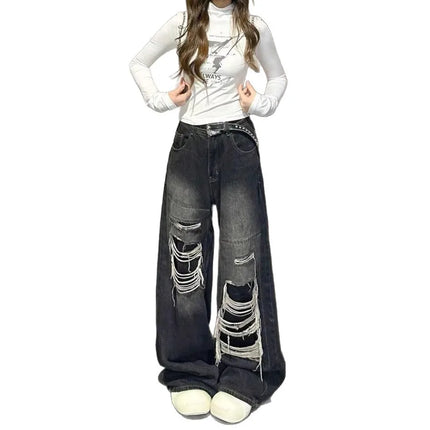 Jeans Neri Gotici Y2K Strappati da Donna, Pantaloni Larghi in Denim Estetici, Jeans Oversize Stile Harajuku, Abbigliamento Vintage Anni 2000