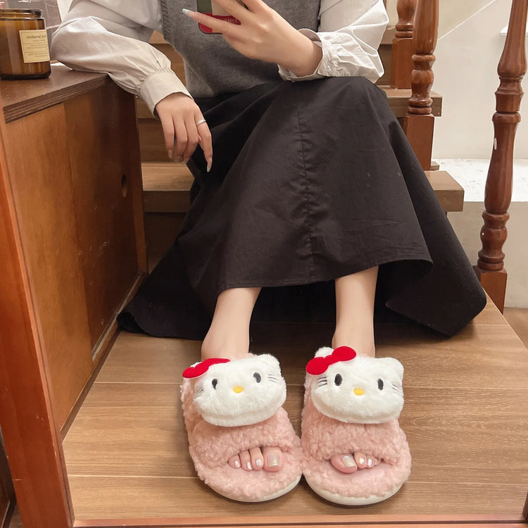 Sanrio Hello Kitty Women's 3D Cartoon Fluffy Teddy Fleece Open Toe Slippers Soft Non-Slip Sole Comfy Indoor Bedroom House Slides