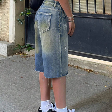Shorts Female Jeans Women Jeans Denim Shorts Y2K Retro Slant Pocket Flared Hem Casual Wide Leg Summer PlatiNum