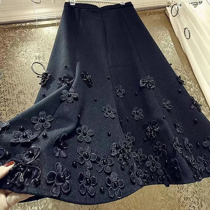 Luxury Style Beaded Woolen Trumpet Faldas 2025 Winter Autumn Thickend Warm Skirt High Waist Mid-length Skirt For Women Clothes PlatiNum